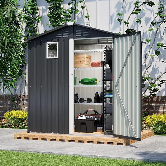 6x4 FT Outdoor Storage Shed with Windows Metal Garden Sheds with Lockable Doors Waterproof Galvanized Small Tool Storage Steel Sheds with Air Vents Sloping Roof Ideal for Backyard Patio Lawn Gray