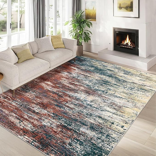 Modern Abstract Area Rug 4x6 Washable Rug for Living Room, Ultra Soft Rug for Bedroom, Non Slip Indoor Floor Carpet, Stain Resistant Rugs for Home Decor Office, Red Multi