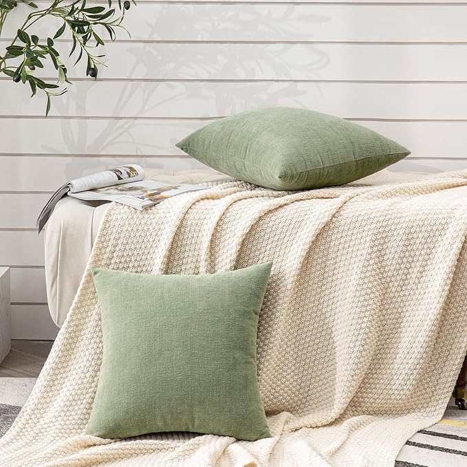 GAWAMAY Decorative Square Throw Pillow Covers 22"x22" Inch Set of 2, Super Soft Chenille Pillows Farmhouse Fall Pillowcase for Living Room Bedroom Sofa Couch Cushion Cover Sage Green 55x55cm