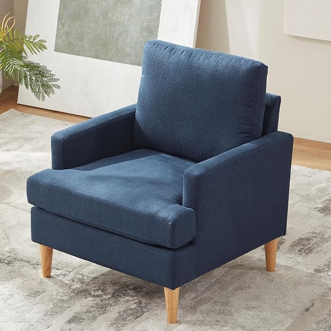 VKNOW Mid-Century Accent Chair, Modern Upholstered Armchair for Living Room, Comfy Reading Accent Chairs with Wood Legs for Bedroom, Navy Blue Polyester