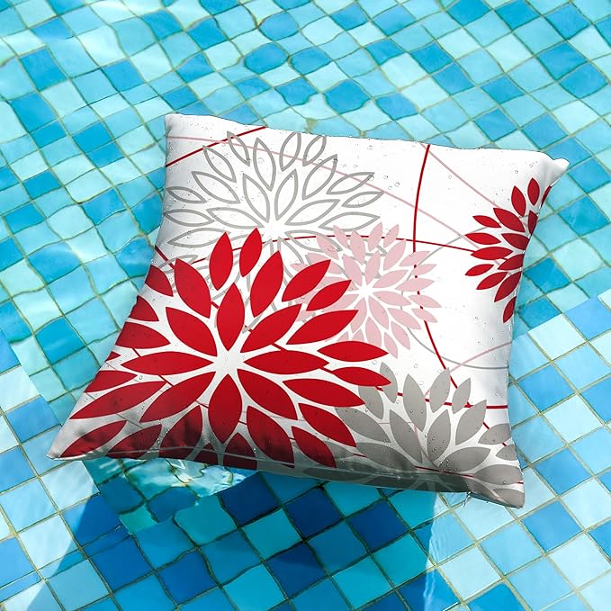 Red and Pink Grey Floral Pillow Covers 18x18 Set of 2 Outdoor Waterproof Decorative Throw Pillows Valentines Pillow Covers Polyester Cushion Case Decor for Couch Patio Funiture Garden Porch 01X18