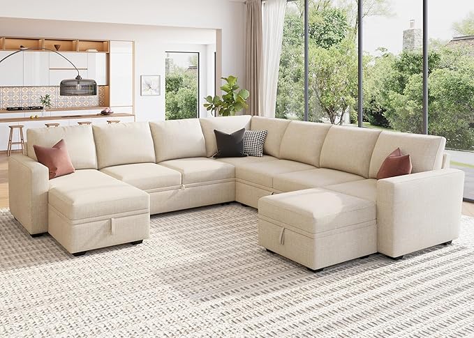 HONBAY Modular Sectional Sleeper Sofa with Pull Out Couch, Oversized U Shaped Sleeper Pull Out Bed with Storage Sectional Couches for Living Room - Beige