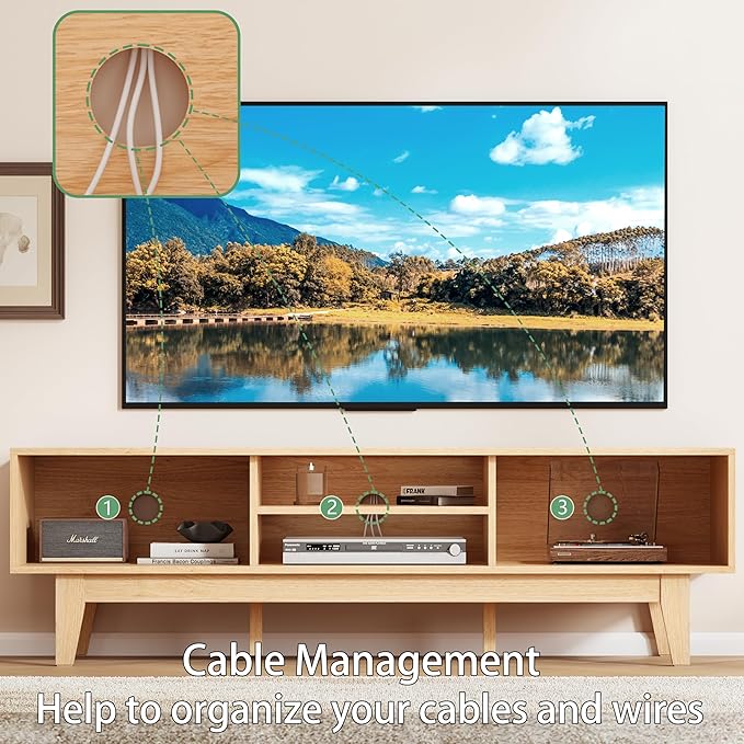 Fluted TV Stand for 55 65 Inch TV, Mid Century Modern Entertainment Center with Shelves, Cabinets & Sliding Doors, TV Media Console Table with Wood Feet & Cord Holes for Living Room, Bedroom, Natural