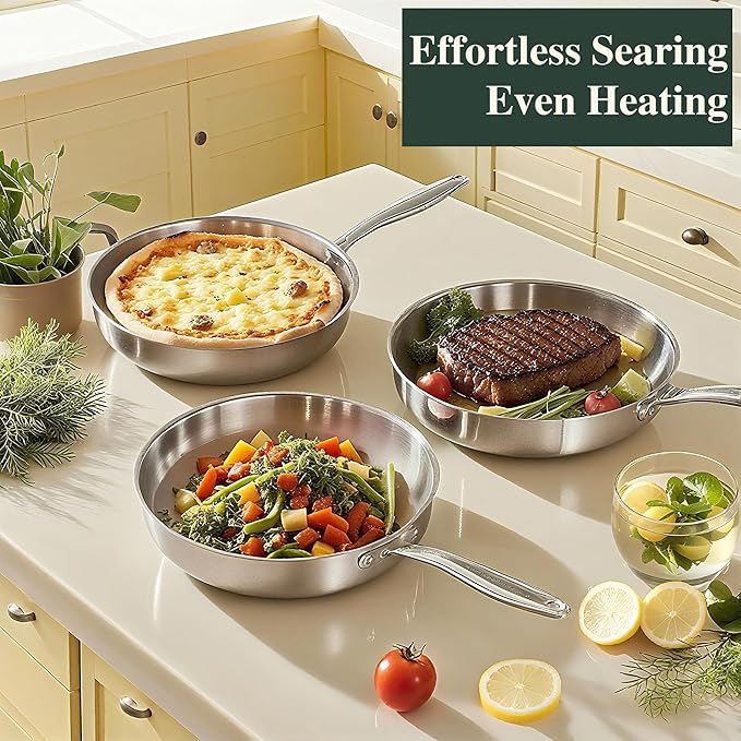 12 Inch Tri-Ply Stainless Steel Frying Pan, Frying Pan with Lid, PFOA/PTFE Free Skillet, Induction Cooking Pans, Dishwasher & Oven Broiler Safe 600F, Professional Cookware, Heavy Duty & Even Heat