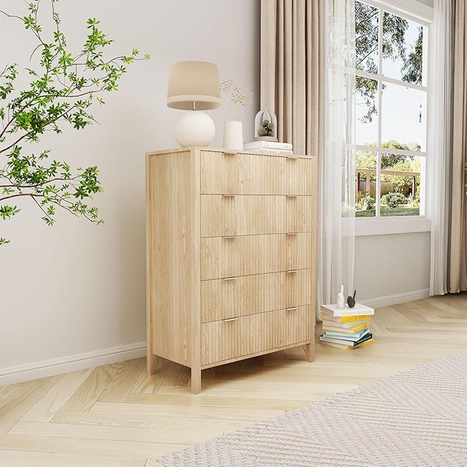 Fluted 5 Drawer Tall Dresser for Bedroom, Mid Century Modern Nightstand with Drawers, Tall Bedside Table for Closet Cloth, Living Room End Table with Storage for Dorm -Natural