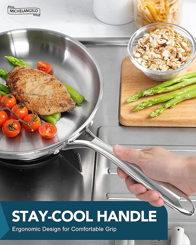 MICHELANGELO 18/10 Stainless Steel Frying Pan Set, 8" / 9.5" / 11" Cooking Pans, Triply Base Stainless Steel Pan Set with Ergonomic Handle, Induction Compatible