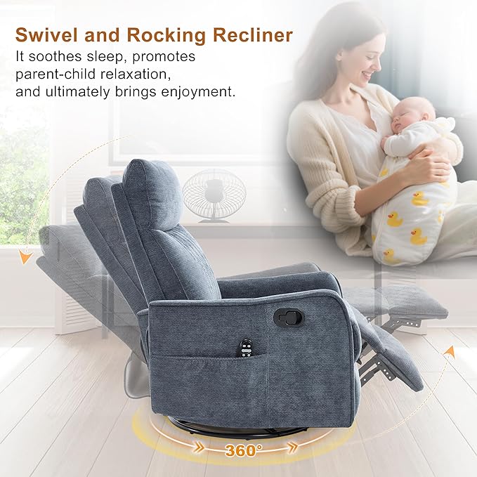 Manual Swivel Rocker Recliner Chair for Adults, Overstuffed Recliner Glider with Massage and Heat, Living Room Reclining Chair, Fabric Blue