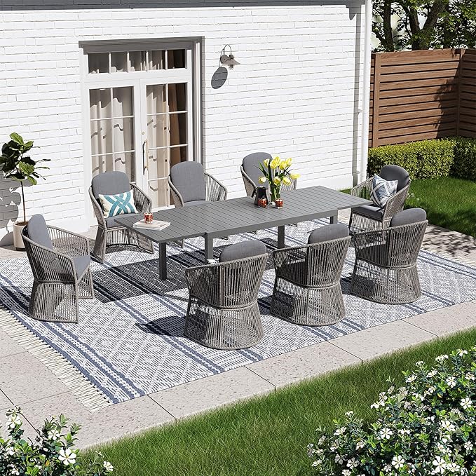 SUNSITT 9-Piece Outdoor Patio Dining Set, 63" - 105" Aluminum Expandable Outdoor Dining Table Set for 8, 8 Curved Armrest Chairs with Dark-Gray Removable Cushions