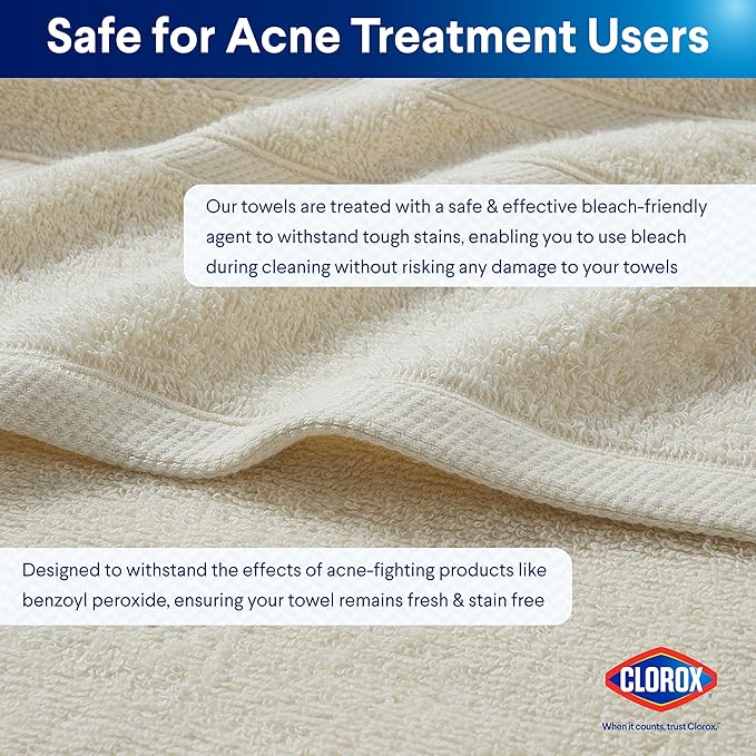 CLOROX Bleach Friendly, Quick Dry, 100% Cotton Washcloths (12" x 12"), Highly Absorbent Soft Lightweight, Ideal for Everyday Use, Easy to Wash (12 Pack, Ivory)