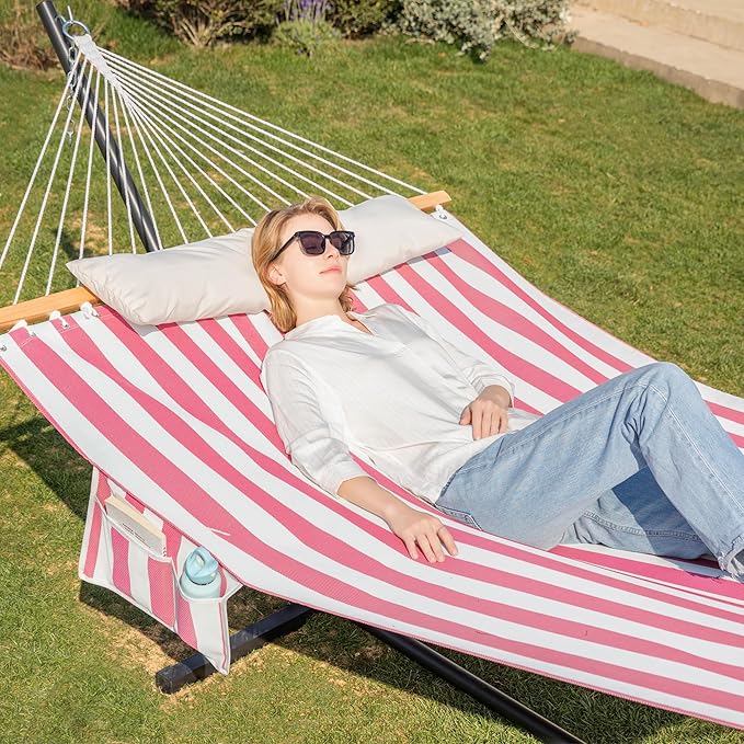 Waterproof Double Hammock with Stand for Outside Heavy Duty, 2 Person 55'' Large Quick Dry Textilene Hammocks with Hardwood Spreader Bar, Pillow, Side Pocket, 475lbs Capacity (Pink & White)