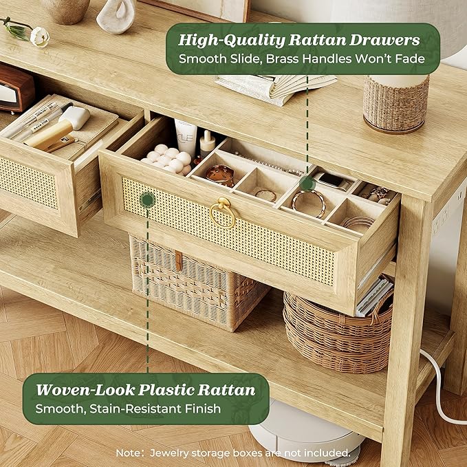 SUPERJARE Rattan Console Sofa Table with Outlets and USB-C Port, 2 Drawer Entryway Table with Synthetic Rattan Surface, 39 Inch, Open Shelf, Behind Couch Entry Foyer Hallway Storage, Natural