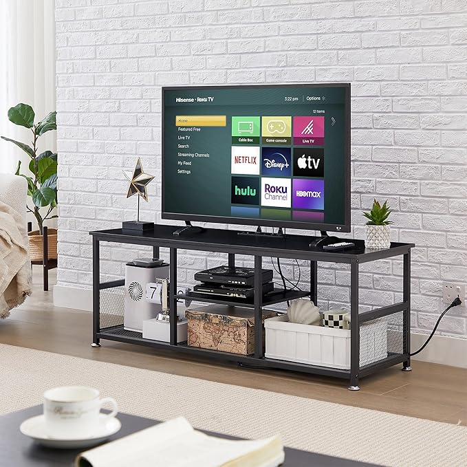 VECELO TV Stand with Power Outlets for Televisions up to 55 Inch, 47" Media Entertainment Center with Charging Station 3-Tier Open Storage Shelves with Metal Frame for Living Room/Bedroom，Black