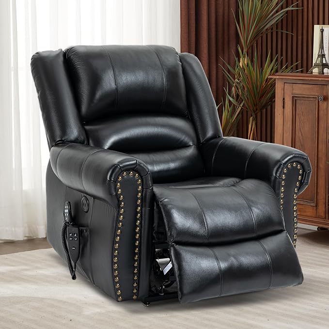 Dual Motor Power Lift Chair, Lay Flat Recliner Chair, Electric Recliner with Massage and Heat for Elderly, Remote Control, Infinite Position, Standing Assistance, USB Ports, Genuine Leather, Black
