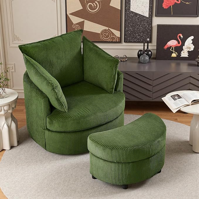 Swivel Accent Chair with Ottoman Comfy Reading Chairs for Bedroom Modern Corduroy Arm Chair 360°Swivel Barrel Chairs for Living Room,Apartment (Green, 2)