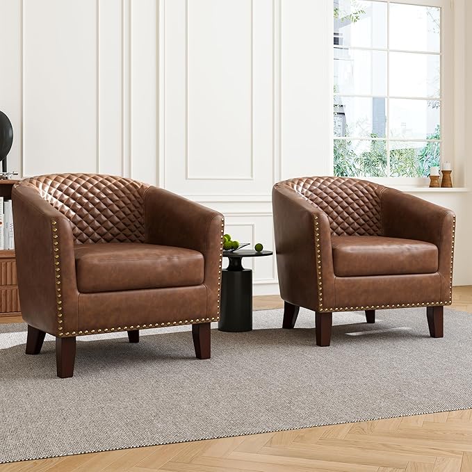 Accent Barrel Chair, Upholstered Faux Leather Club Chair with Nailed Trim, Comfy Reading Armchair for Living Room Bedroom Reception Room Office (Brown, Set of 1)