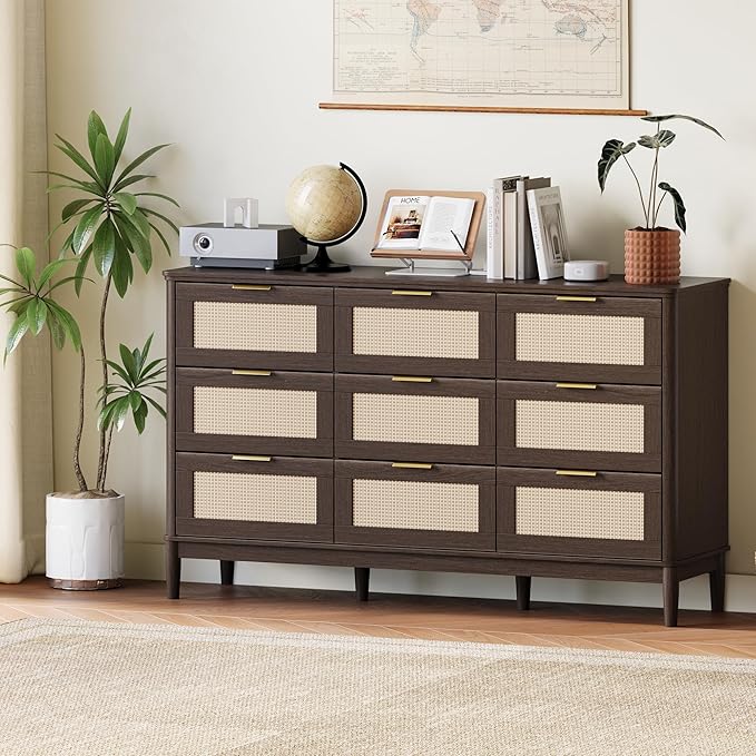 LINSY HOME Rattan Dresser for Bedroom with 9 Drawers, 58" Wide Chest of Drawers, Mid Century Modern Dresser TV Stand with Metal Handle, Wood Closet Storage Cabinet for Living Room, Hallway, Walnut