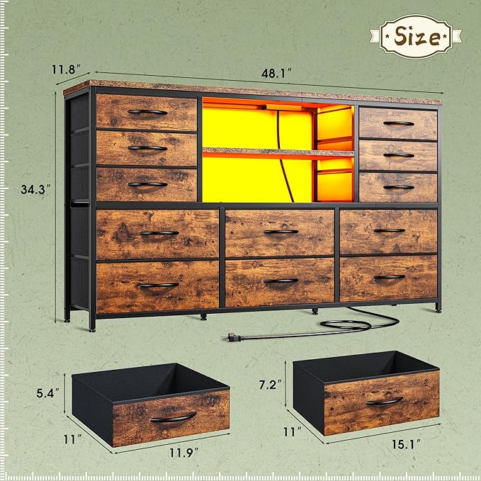 TV Stand with 12 Fabric Drawers for 55 inch TV, Entertainment Center with Charging Station & LED Lights, TV Media Console Table with 2 Open Storage Shelves for Living Room, Dorms, Wood Top, Brown