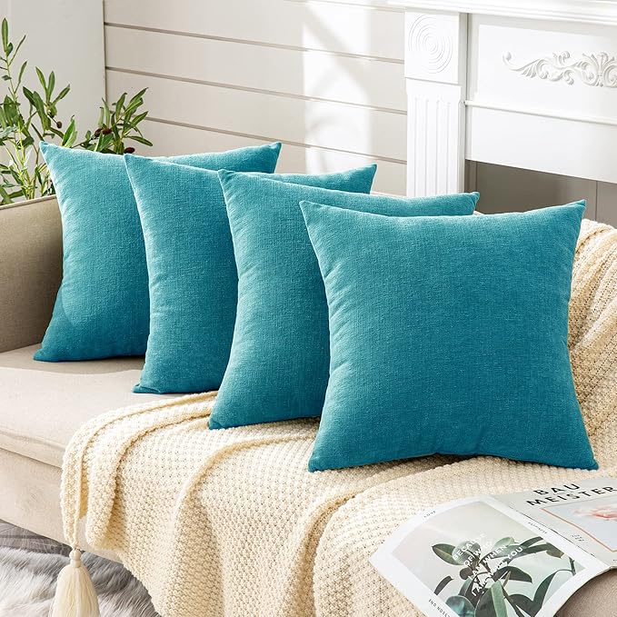 GAWAMAY Decorative Square Throw Pillow Covers 18x18 Inch Set of 4, Super Soft Chenille Pillows Cover Fall Pillowcase for Living Room Bedroom Sofa Couch Cushion Cover Teal 45x45cm (No Insert)