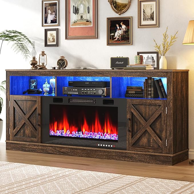 Farmhouse TV Stand with 36" Fireplace for 80" TV, 70" Fireplace Entertainment Center with Barn Doors and LED Light, Tall TV Stands for Living Room, Brown