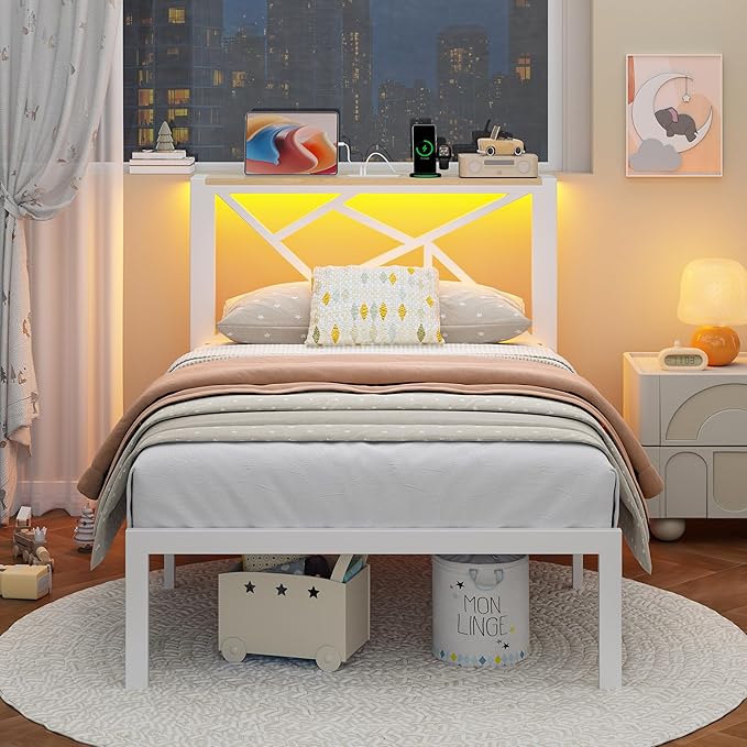 Twin White Metal Bed Frame with USB Charging Station, LED Ambient Lighting, and Wooden Storage Headboard - Includes Under-Bed Storage, No Box Spring Needed, Noise Free, Easy to Assemble