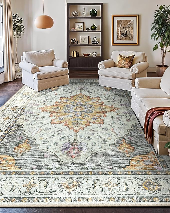 Area Rugs 9'x12' Washable Non-Slip, Floral Vintage Distress Print Pattern Medallion Carpet for Living Room Bedroom Dining Room, Light Yellow Carbon Grey Orange