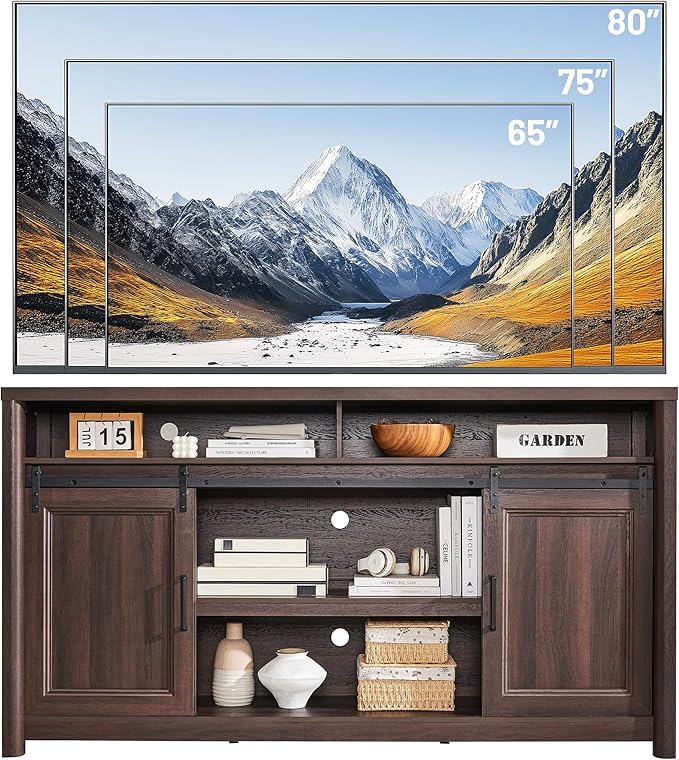 Farmhouse TV Stand for Living Room, Entertainment Center with Storage, Walnut TV Console for Bedroom, Media Storage Cabinet with Sliding Barn Doors & Adjustable Shelves, Fits 80 Inch TV, Rustic Wood