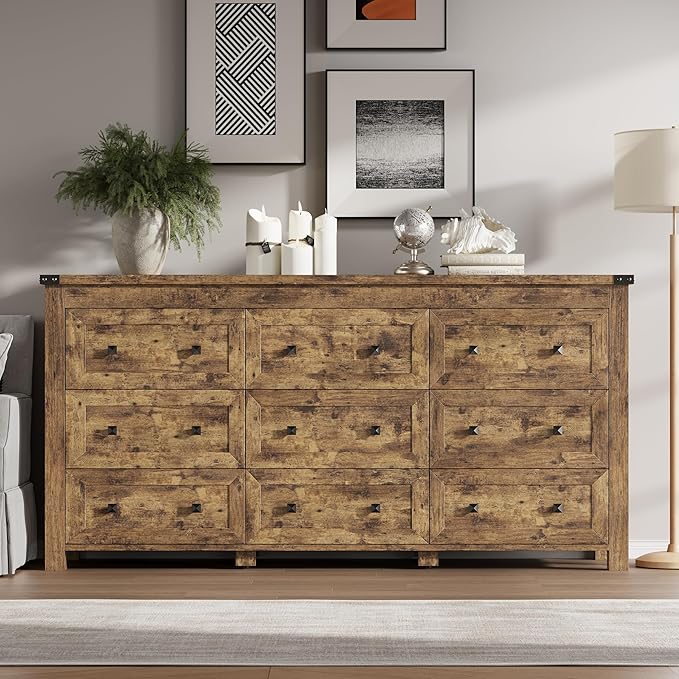 9-Drawer Dresser, Modern Wooden Storage Chest of Drawers, Dresser TV Stand, Wood Drawer Organizer with Metal Handles for Bedroom, Living Room, Hallway