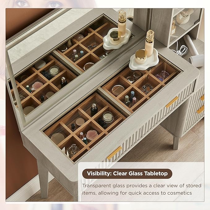 T4TREAM 48" Fluted Makeup Vanity Desk with Large 36" Mirror and Lights, Modern Glass Top Big Vanity Table w/5 Drawers & Adjustable Shelves, Dressing Table w/Charging Station for Bedroom, White Alder