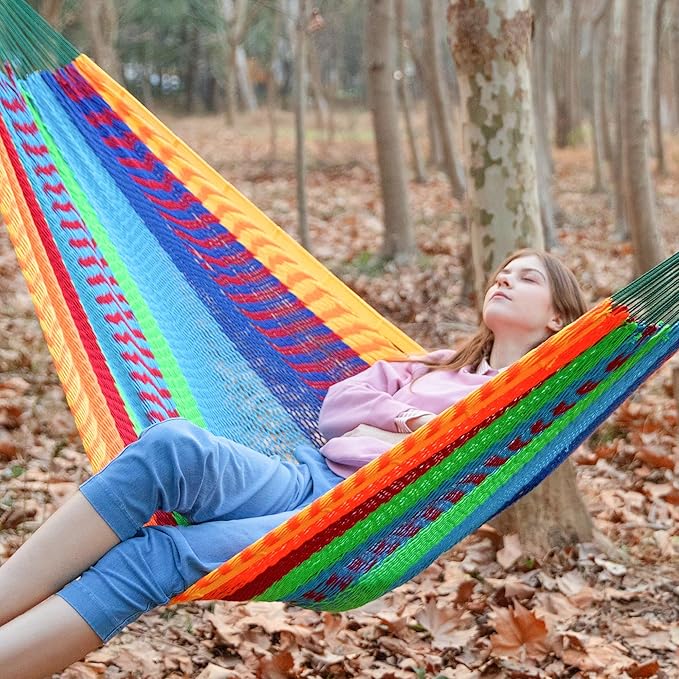 PNAEUT Mayan Hammock, Handwoven XL Thick Soft Rope Hammocks for Outdoor Indoor, Max 600 lbs Capacity, Tree Straps & Carabiners Included (Tropical, No Stand)