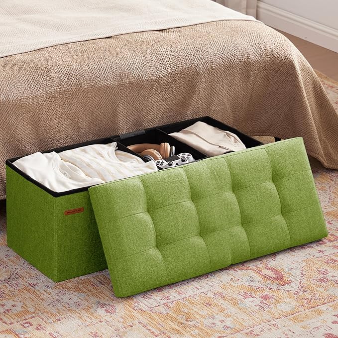HAUSFRAU 31.5 Inches Ottoman with Storage Bench, Folding Ottoman Bench Small Foot Rest Stool, Bedroom Bench with Flipping Lid, Linen Avocado
