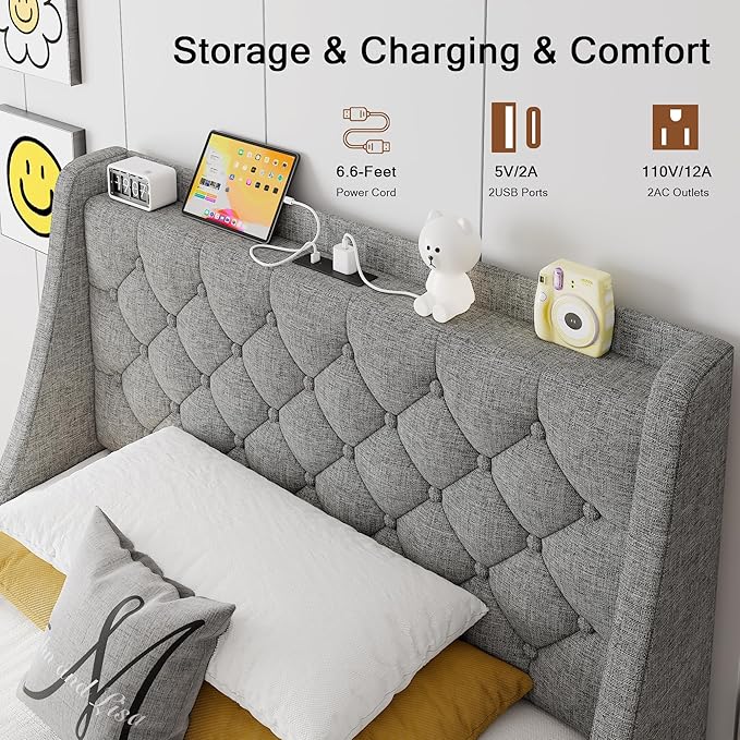 Twin Bed Frame with 4 Storage Drawers, Upholstered Bed Frame with Wingback Headboard, Charging Station, No Box Spring Needed, Easy Assembly, Light Grey