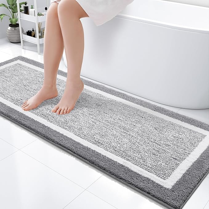 OLANLY Bathroom Rugs 59x20, Extra Soft and Absorbent Microfiber Bath Mat, Non-Slip, Machine Washable, Quick Dry Shaggy Bath Carpet, Suitable for Bathroom Floor, Tub, Shower (Grey and White)