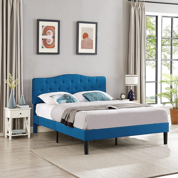 VECELO Full Size Platform Bed Frame with Fabric Upholstered Headboard and Wooden Slats Support, No Box Spring Needed/Easy Assembly,Blue