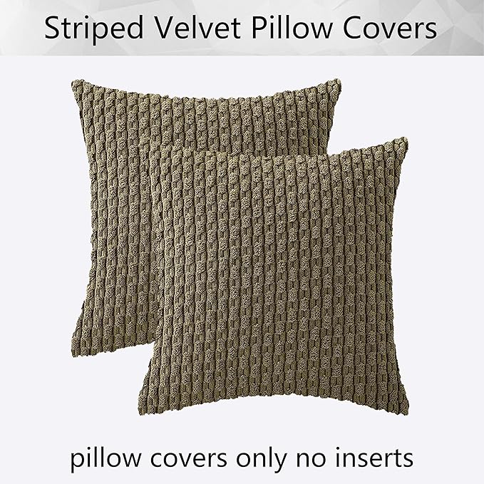 Kevin Textile 2 Packs Olive Green Euro Farmhouse Decorative Throw Pillow Covers 26x26 Inch for Living Room Couch Bed Sofa Rustic Boho Home Decor Soft Striped Corduroy Square Cushion Case 66x66 cm