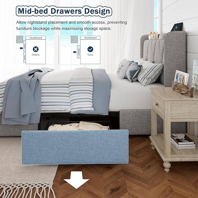 Twin Bed Frame with 4 Storage Drawers, Upholstered Platform Bed with Charging Station, Modern Wingback Storage Headboard, Easy Assembly,Noise-Free, Light Gray