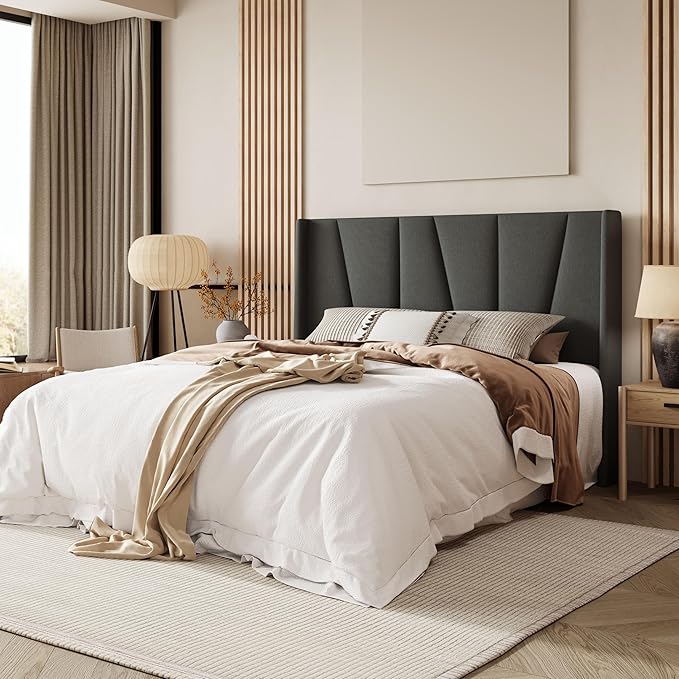 Allewie Full Size Platform Bed Frame with Geometric Wingback Headboard, Modern Upholstered Bed with Wooden Slats Support, No Box Spring Needed, Easy Assembly, Dark Grey