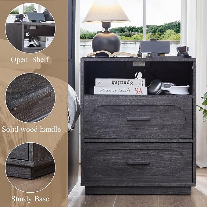 Gray Night Stand with Charging Station, 21.7" Wide Wood End Table with 2 Storage Drawers, Open Shelf & Unique Base, Mid Century Modern Bedside Table for Bedroom, Living Room, Gray