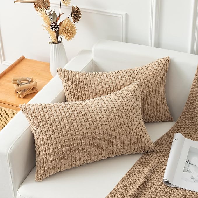 Kevin Textile Pack of 2 Corduroy Decorative Throw Pillow Covers 12x20 Inch Soft Boho Striped Pillow Covers Modern Farmhouse Home Decor for Autumn Sofa Living Room Couch Bed Tan