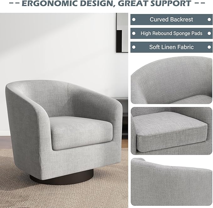 UIXE Swivel Barrel Accent Chair Armchair, Round Club Arm Chair in Fabric for Lving Room, Modern Upholstered Small Bedroom Single Sofa Side Seat, Set of 4, Light Gray