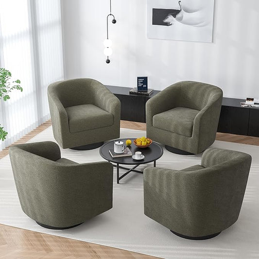 Swivel Barrel Accent Chair, Modern Round Chenille Fabric Arm Chair for Living Room, Bedroom, Comfy Club Reading Chairs for Adults（Chenille Fabric, Tan, Set of 4