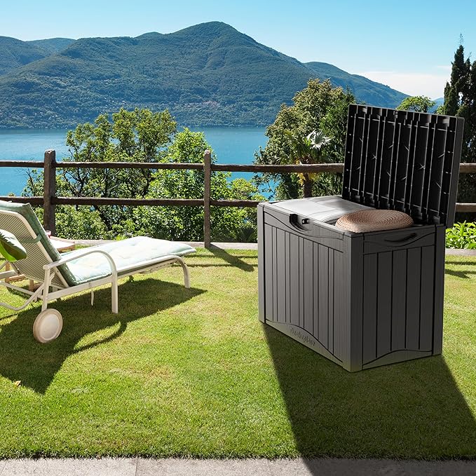 50GAL Brown Deck Box with Special Pattern & Lock Hole – Waterproof, SGS - Approved UV Resistance, Stylish Storage for Outdoor Cushions & Decor, Effortless Assembly