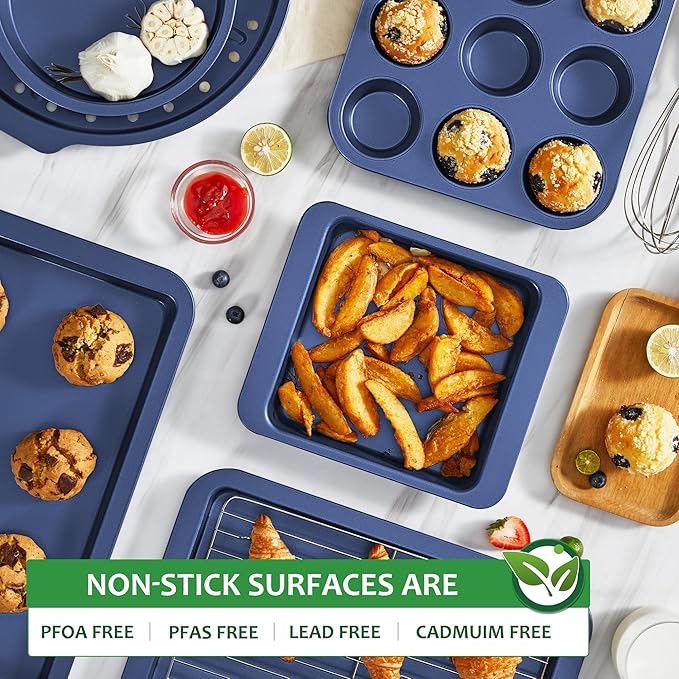 HONGBAKE Bakeware Sets, Baking Pans Set, Nonstick Oven Pan for Kitchen with Wider Grips, 10-Piece Including Rack, Cookie Sheet, Cake Pans, Loaf Pan, Muffin Pan, Pizza Pan - Blue