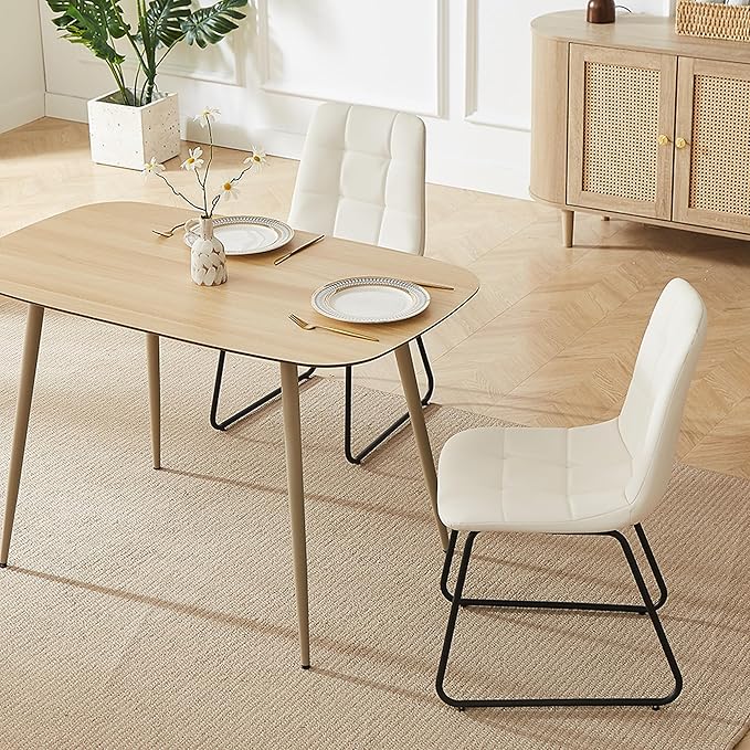 47.2'' Dining Table Set for 4 - Modern Wood Table with Cat Scratch-Resistant Surface & 4 U-Shaped White Leather Chairs, Kitchen & Dining Room Furniture, Space-Saving Table and Chairs Set