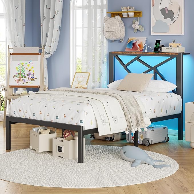 Twin Size Black Metal Bed Frame with USB Charging Station, LED Ambient Lighting, and Wooden Storage Headboard - Includes Under-Bed Storage, No Box Spring Needed, Noise Free, Easy Assembly