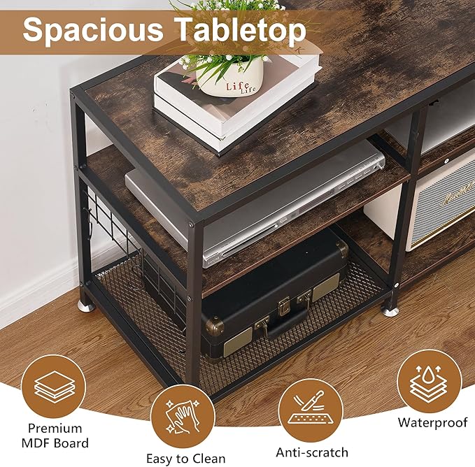 VECELO TV Stand with Mount and Power Outlet, Height Adjustable Entertainment Center with Storage Shelves for 55/65/70/75/80 inches Televisions, Console Table for Living Room, Bedroom, Rustic Brown