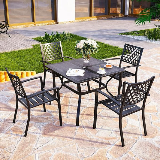 PHI VILLA Patio Dining Set Wrought Iron Outdoor Table and Chairs Furniture Set 5 Piece, 37" Square Bistro Table with Umbrella Hole and 4 Backyard Garden Chairs Support 300LBS for Deck, Lawn, Garden