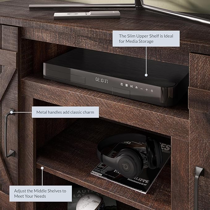 BELLEZE Industrial 47 Inch Rustic Wood TV Stand & Media Entertainment Center Console Table for TVs up to 50 Inch w/Open Storage Shelves & Cabinets - Veropeso (Espresso)