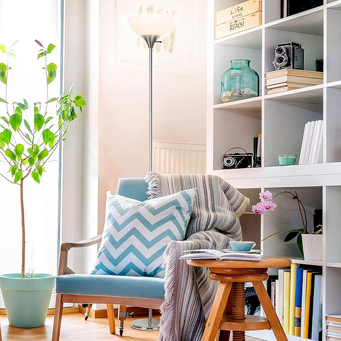 Brightech Sky Dome Dimmable LED Floor Lamp, Torchiere Floor Lamp for Living Rooms & Offices – Tall Standing Lamp for Reading & Hobbies – Platinum Silver