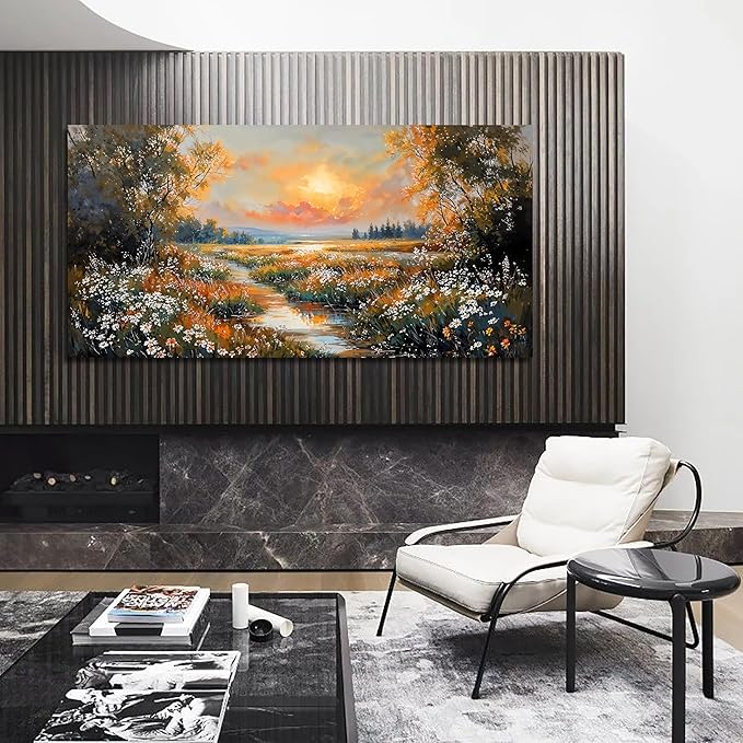 Canvas Wall Art Decor Vintage Wildflower Wall Art Prints Large Wall Art for Living Room Nature Landscape Art Work for Wall Decor River Sunset Artwork for Walls Bedroom Office Wall art Decor 24" X 48"