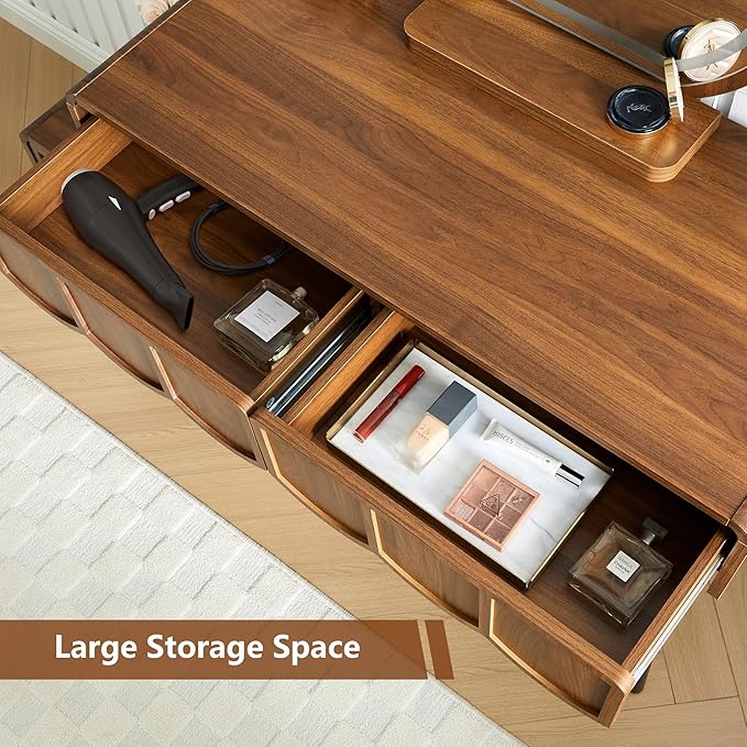 ORRD Vanity Desk with Mirror and Lights, Modern Wood Wave Panel Vanity Desk Set Makeup Table with Drawers and Cabinet, Dressing Table with Storage for Bedroom, Walnut